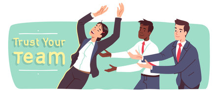 Trusted business men catching falling colleague woman. Supportive team coworker persons cooperating together helping each other. Teamwork, trust, support environment concept flat vector illustrationのイラスト素材