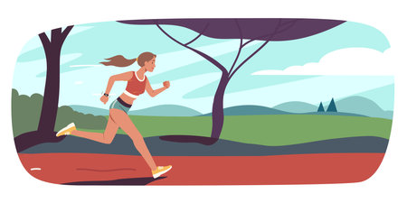 Runner woman person running fast in summer park. Professional athlete jogging training in competitive sport outdoors. Athletic training, active leisure, healthy lifestyle flat vector illustrationのイラスト素材