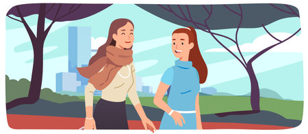 Female friends enjoying walking in summer park. Smiling fashionable women persons cartoon characters chatting spending time together. Women friendship, communication, leisure flat vector illustrationのイラスト素材