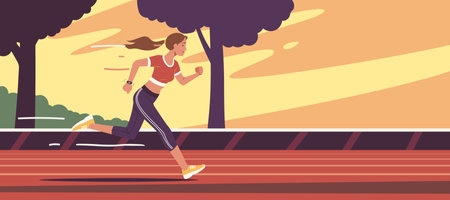 Runner woman person running fast on stadium race track. Professional athlete sprint training in competitive sport outdoors. Competition, athletic training, healthy lifestyle flat vector illustrationのイラスト素材