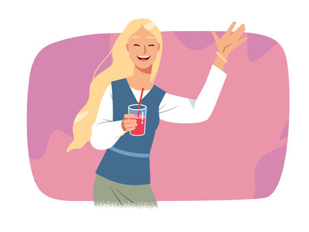 Cheerful woman drinking alcohol cocktail beverage having party. Joyful girl person character waving hand happily celebrating holiday event. Celebration fun, happiness flat vector illustrationのイラスト素材