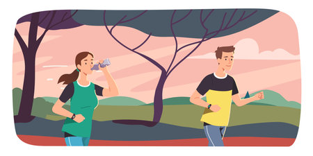 Young joggers man, woman training jogging in summer park. Runner athlete person cartoon character working out running, drinking water from bottle outdoors. Sport, wellness flat vector illustrationのイラスト素材
