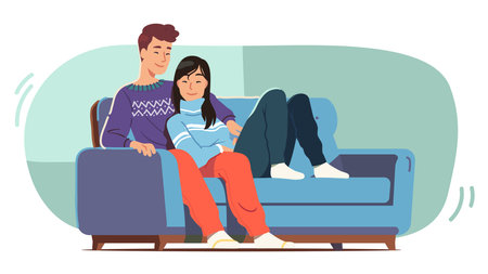 Happy man, woman couple in love relaxing sitting on sofa together at home. Wife, husband family persons embracing resting. Relaxation, weekend leisure, relationships happiness flat vector illustrationのイラスト素材