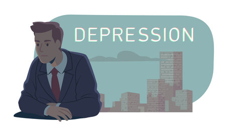 Depressed business man having career failure problem at work. Frustrated businessman person having financial crisis stress trouble. Bankruptcy, depression, procrastination flat vector illustrationのイラスト素材