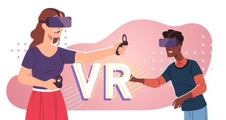 Man, woman using VR headsets experiencing virtual reality for education, entertainment. Person holding motion controllers equipment gaming. VR video simulation, cyberspace flat vector illustrationのイラスト素材