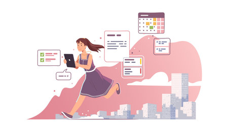 Woman using calendar, event schedule, social media applications on tablet computer on the go. Person messaging, checking app reminders in city. Communication, planning concept flat vector illustrationのイラスト素材