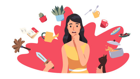 Woman stressed about multiple housework chores. Worried person think about housekeeping work, cooking, taking care of house plants, cat pet. Domestic overwork stress concept flat vector illustrationのイラスト素材