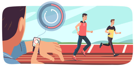 Runners men running, coach person checking time on smart watch. Professional athlete characters training in competitive sport. Race competition, athletic training flat style vector illustrationのイラスト素材
