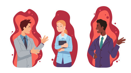Business men, woman colleague team arguing having dispute conflict. Angry businessmen, sad businesswoman coworker persons shouting, gesturing. Disagreement, argument stress flat vector illustrationのイラスト素材