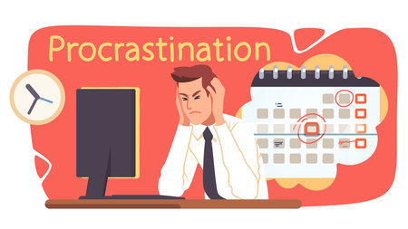Stressed business man procrastinating working late in office. Tired frustrated businessman worker person sitting at desk with computer. Procrastination, deadline crisis flat vector illustrationのイラスト素材