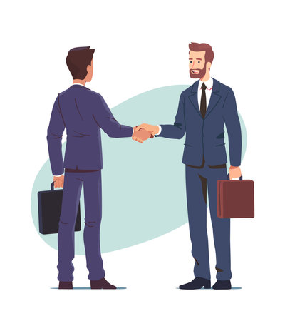 Business men shaking hands reaching agreement. Smiling successful businesspeople partners closing deal standing, holding briefcase. Partnership success, handshake, cooperation flat vector illustrationのイラスト素材