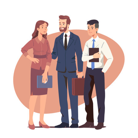 Business men, woman colleagues team meeting, discussing ideas. Smiling successful partners persons characters standing, talking. Partnership, teamwork, job occupation flat vector illustrationのイラスト素材