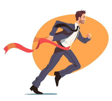 Business man winner leader person running, crossing finish line ribbon. Determined businessman win race competition achieving success. Leadership, career achievement concept flat vector illustrationのイラスト素材
