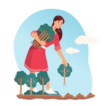 Volunteer woman planting trees saving environment. Happy activist person gardening protecting green forest plants nature. Ecosystem protection, ecology conservation concept flat vector illustrationのイラスト素材