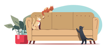 Empty sofa with cats, potted plant in home interior. Cozy couch comfortable apartment furniture, cute pets animals. Leisure, contemporary living room, domestic comfort flat vector illustrationのイラスト素材