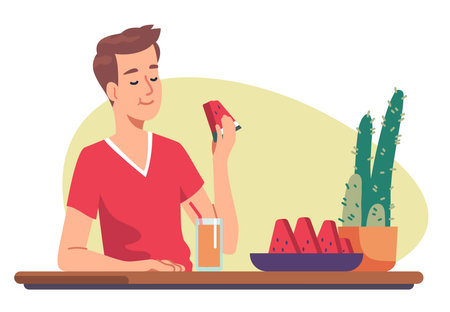 Man eating ripe watermelon fruit food having snack break at home. Hungry guy person enjoying breakfast meal at table with juice drink. Healthy natural vegan diet, relaxation flat vector illustrationのイラスト素材