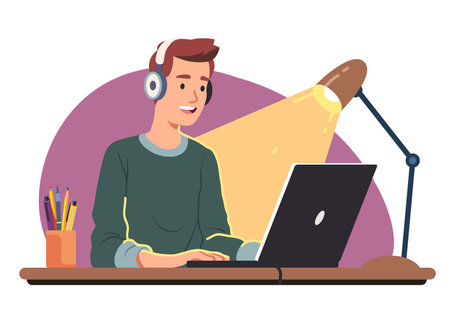 Young man using laptop computer for entertainment sitting at home table. Guy person in headphones listening to music or surfing on Internet. Technology, media, leisure flat vector illustrationのイラスト素材