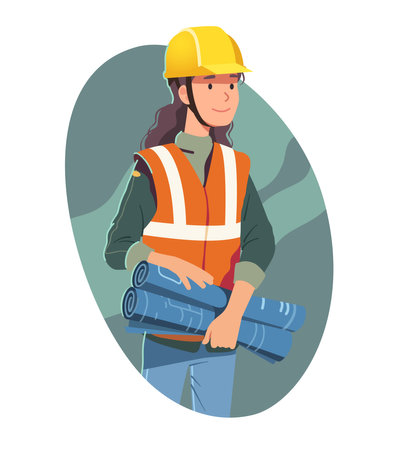 Architect constructor woman holding construction work project blueprint drawing. Constructing engineer builder person in safety helmet, vest. Building industry worker flat vector illustrationのイラスト素材