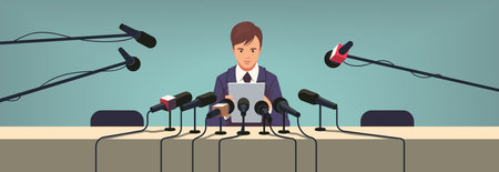 Speaker business man or politician person sitting at press conference table with microphones. Public interview speech media event, news report presentation, journalism flat vector illustrationのイラスト素材
