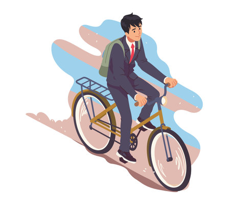 Business man cyclist enjoying riding bicycle. Bicyclist worker guy person character cycling bike outdoors. Healthy transportation, city transport, urban fitness, summer sport flat vector illustrationのイラスト素材