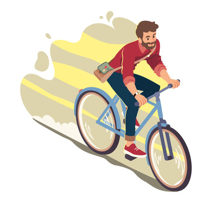Casual man cyclist enjoying riding bicycle. Bicyclist guy person cartoon character cycling bike outdoors. Healthy transportation, city transport, urban fitness, summer sport flat vector illustrationのイラスト素材
