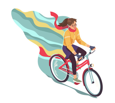 Casual woman cyclist enjoying riding bicycle. Bicyclist girl person character cycling bike outdoors. Healthy transportation, city transport, urban fitness, summer sport flat vector illustrationのイラスト素材