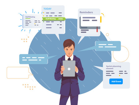 Busy executive manager multitask online on tablet. Entrepreneur person scheduling appointment, planning day meeting, setting deadline reminder. Business man managing tasks vector concept illustrationのイラスト素材