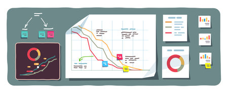 Financial bar, donut, line charts set. Declining, rising line charts diagrams on paper sheets on board. Finance progress analytics. Business presentation report infographics flat vector illustrationのイラスト素材