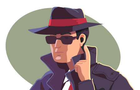 Spy or detective person listening eavesdropping by earphone. Suspicious secret agent man wearing hat, coat, sunglasses spying. Information privacy violation, espionage flat vector illustrationのイラスト素材