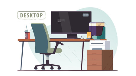 Empty office workplace chair, desk with desktop computer, documents folders. Office work place with coffee cup, clock, printer equipment. Business workspace, job occupation flat vector illustrationのイラスト素材