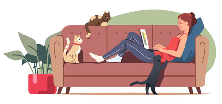 Woman working remotely on laptop computer lying on sofa. Freelancer person on couch in distant home office with cats. Distance work, freelance, remote workplace or leisure flat vector illustrationのイラスト素材