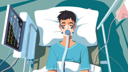 COVID patient man lying in hospital bed with oxygen mask for artificial lungs ventilation from coronavirus disease top view. Unconscious person with corona virus pneumonia flat vector illustrationのイラスト素材