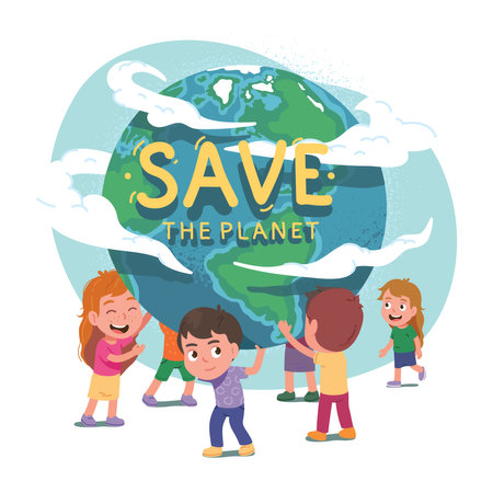 Volunteers children holding saving Earth planet. Boys, girls kids persons supporting taking care of world globe sphere. Environment protection, ecology conservation concept flat vector illustrationのイラスト素材