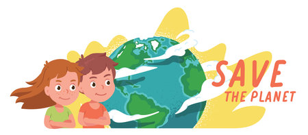Volunteers children saving Earth planet. Determined activists boy, girl kids persons protecting world globe sphere. Environment protection poster, ecology conservation concept flat vector illustrationのイラスト素材