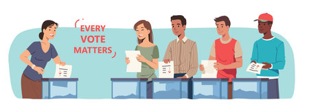Voters persons casting ballots putting papers with vote into election boxes. Multiethnic men, women voting in favor or against candidate, party making decision. Polling place flat vector illustrationのイラスト素材