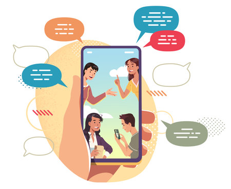 Person using messenger application on mobile phone sending text messages online. Hand holding cell with women, man talking on screen. Chat messaging communication concept flat vector illustrationのイラスト素材
