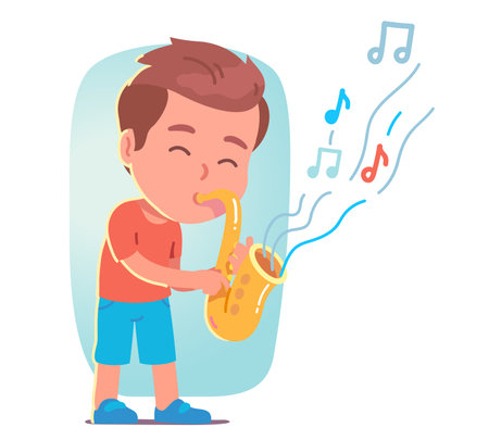 Musician kid playing saxophone music instrument. Artist performer boy child person hold blowing in sax wind musical instrument. Performance, talent concert entertainment show flat vector illustrationのイラスト素材