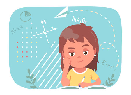 Student kid writing answers to exam test questions. Student girl child person thinking filling in examination paper sheet form. School examination knowledge assessment concept flat vector illustrationのイラスト素材