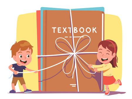Happy smiling school students boy, girl unwrapping new textbooks untying big gift ribbon bow. Exited schoolboy, schoolgirl eager new knowledge. Education present vector concept character illustrationのイラスト素材