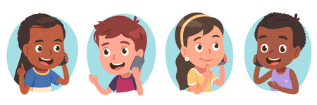 Girls, boys kids enjoying talking on mobile phone. Happy friends children persons characters hold smartphones calling, communicating gesturing. Cell communication chat fun flat vector illustration setのイラスト素材