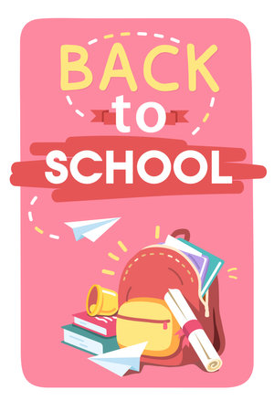 Back to school lettering with backpack, books. Textbooks, bell, school bag banner background template. Education, learning, study, knowledge concept card creative poster flat vector illustrationのイラスト素材