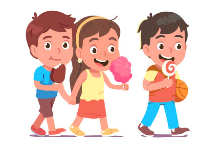 Friends kids walking, eating ice cream together. Happy girl, boy couple holding hands, child person carrying ball, holding lollipop. Friendship, childhood leisure fun flat vector illustrationのイラスト素材