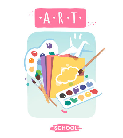 Art school subject supplies for education. Colorful watercolor paints, palette, brushes, paper educational equipment for painting learning lesson. Knowledge, study, teaching flat vector illustrationのイラスト素材