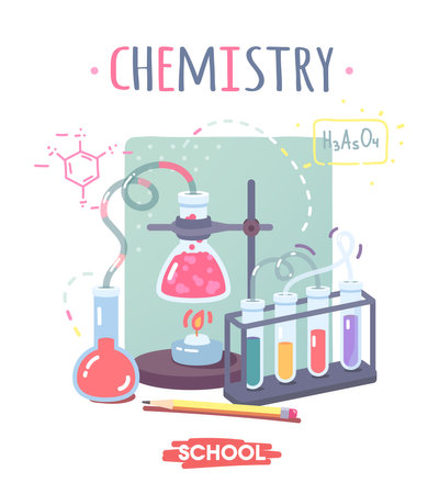 Chemistry school subject equipment. Educational chemical experiment with substances in flasks, tubes. Science learning lesson, study, knowledge, laboratory education concept flat vector illustrationのイラスト素材