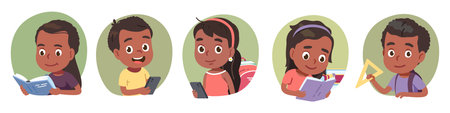 African American school students children with books, backpacks, mobile phones. Kids boys, girls holding smartphones. Schoolgirls, schoolboys portraits, education, study flat vector illustration setのイラスト素材