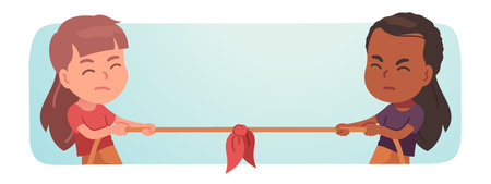 Girls children playing tug of war game. Caucasian, African American kids persons in pulling rope competition. Leisure entertainment fun, sports activity, rivalry, conflict flat vector illustrationのイラスト素材