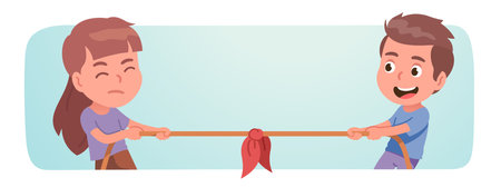 Friends girl, boy children playing tug of war game. Excited kids persons enjoying pulling rope competition. Leisure entertainment fun, sports activity, rivalry challenge flat vector illustrationのイラスト素材