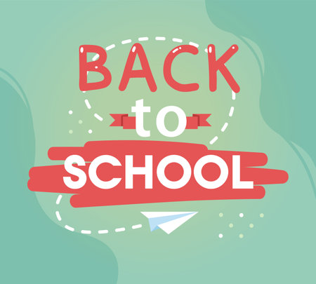 Back to school lettering background. Welcoming school banner creative template with flying paper plane. Education, learning, study, knowledge concept card poster flat vector style illustrationのイラスト素材