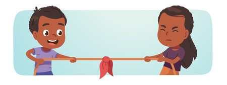 Friends girl, boy children playing tug of war game. Excited African American kids persons enjoy pulling rope competition. Leisure entertainment fun, sports activity, rivalry flat vector illustrationのイラスト素材