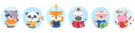 Animals school children cartoon characters set. Funny fox, panda, cow, cat schoolboys, schoolgirls kids elementary students with books, backpacks. Education, childhood concept flat vector illustrationのイラスト素材